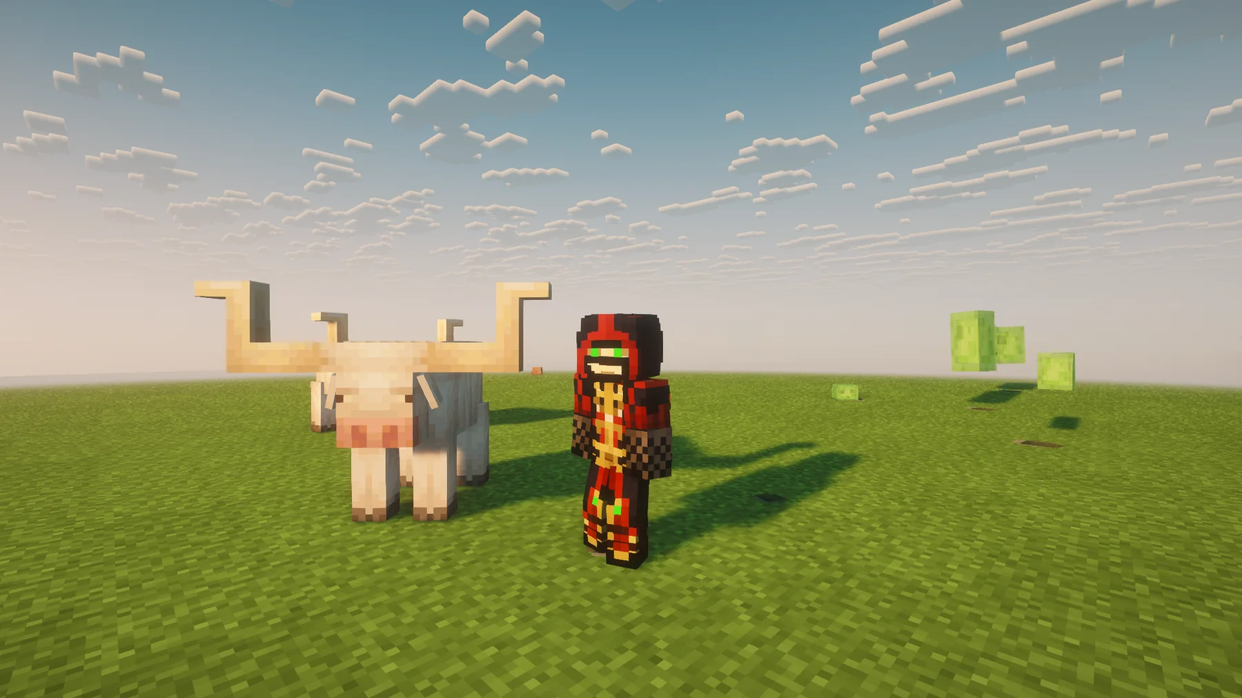 My character standing on open grassland beside a large pale horned cow, with slimes in the distance.