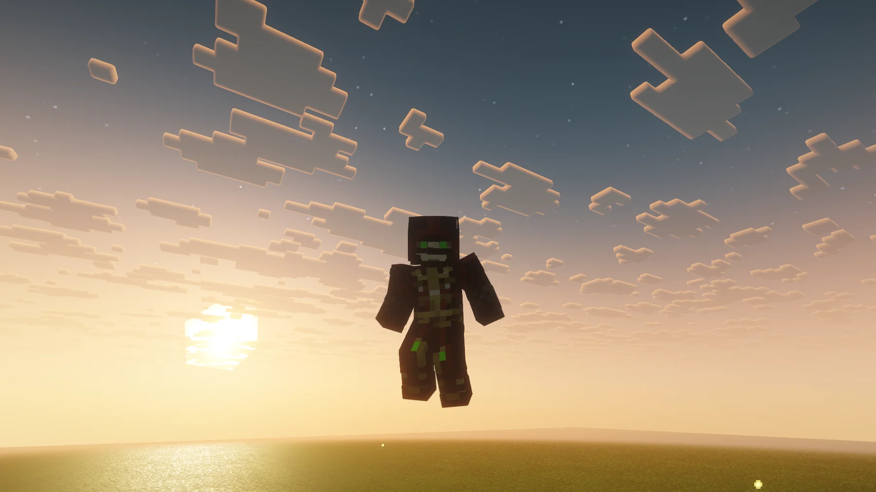 My character hanging in the air above an open sea, with the sun going down behind him.