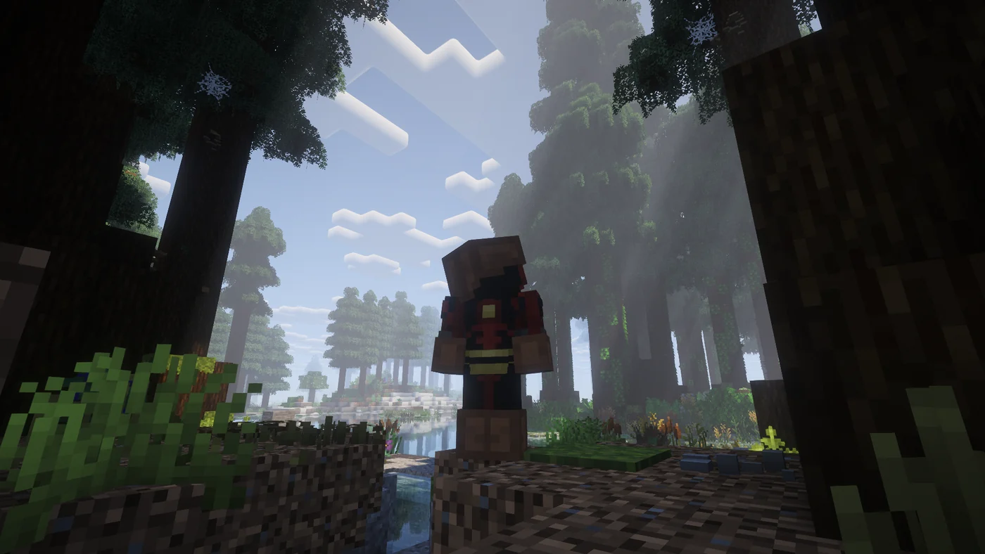 My character standing at the edge of a river inside a towering redwood forest, in a heavily modded world.