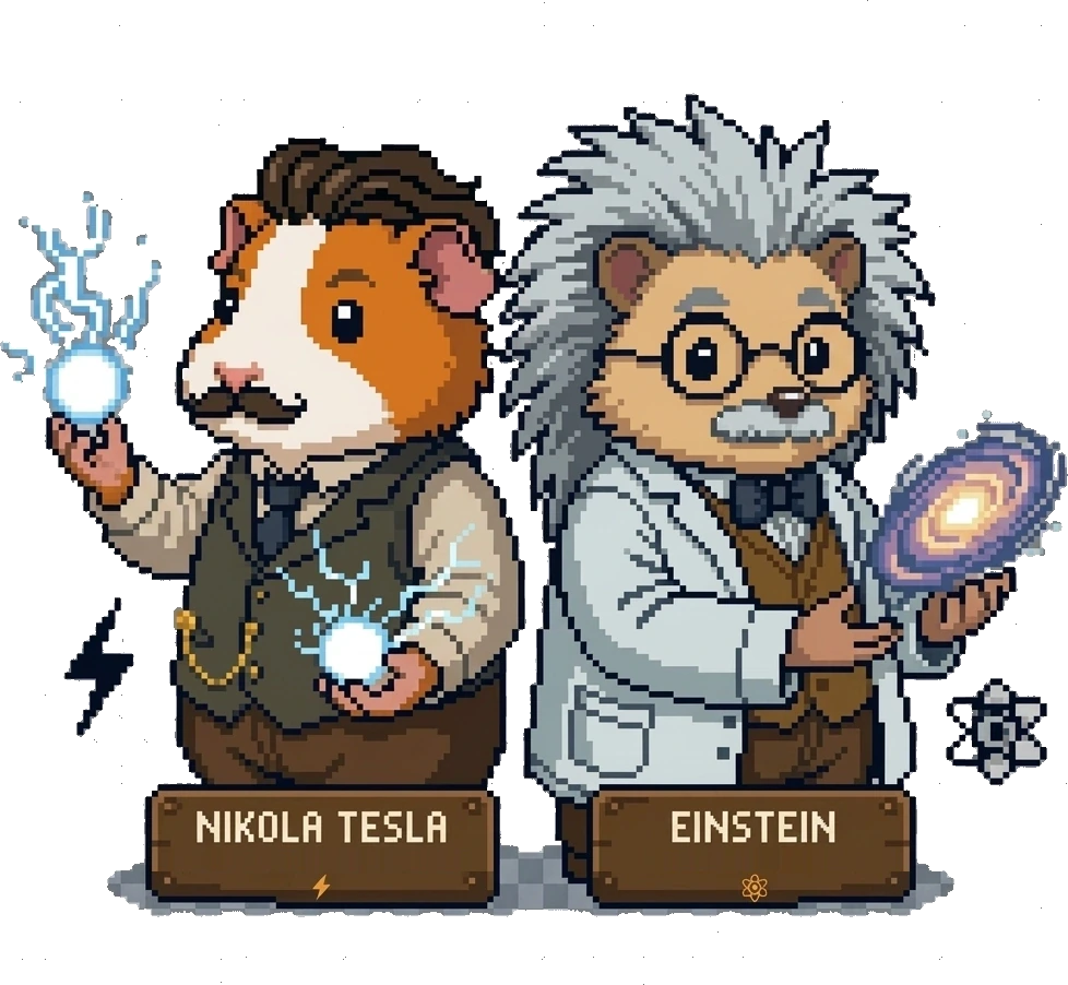 Two pixel-art mascots on wooden nameplates: a guinea pig with a moustache holding crackling electricity, labelled Nikola Tesla, and a hedgehog in a lab coat holding a galaxy, labelled Einstein.