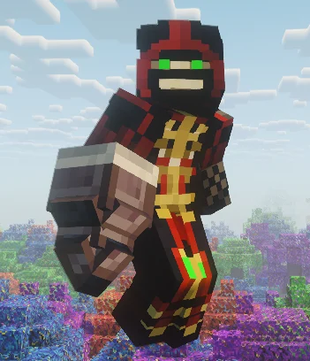 Close view of my character in a red and gold armour set with glowing green trim, standing in a field of purple flowers.