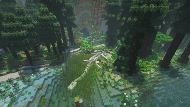 An enormous skeleton lying across a flooded clearing between giant redwoods, seen from above.