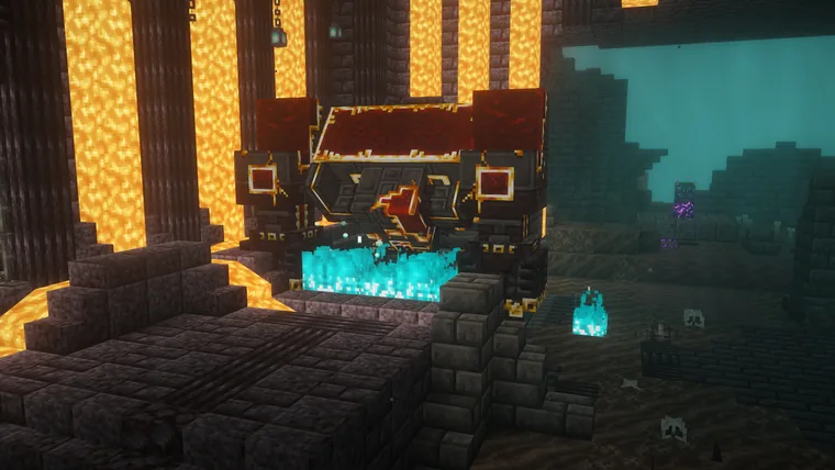 A large ornate structure of dark stone and gold beside a lava fall in the Nether, lit by soul fire.