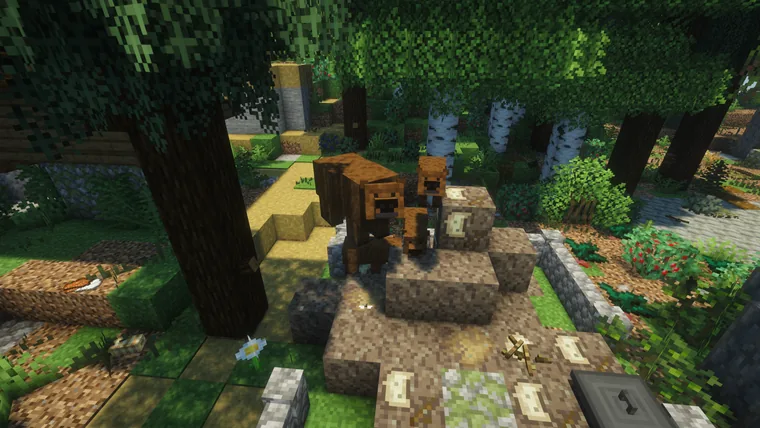 Three bears gathered on a stone platform in a birch and pine forest.