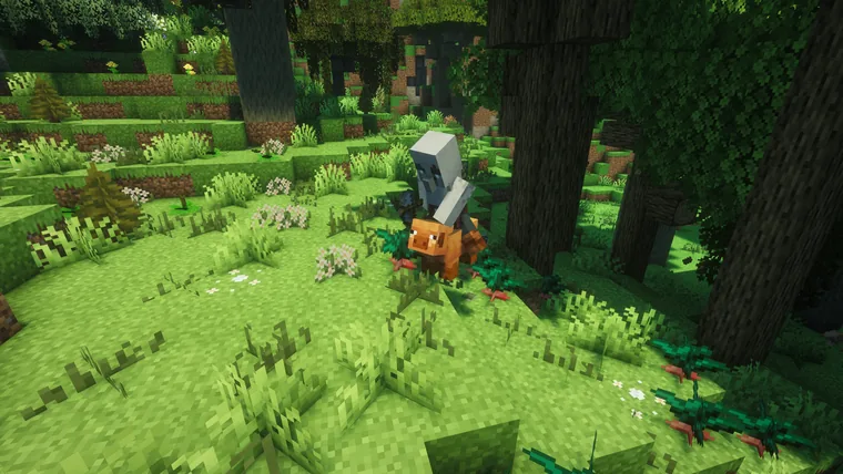 A pillager riding an orange boar through bright green forest undergrowth.
