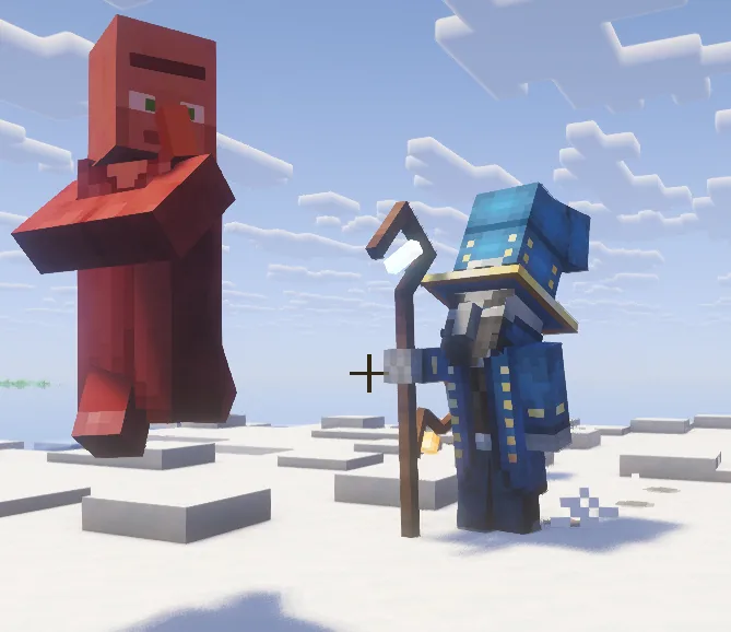 A tall red villager and a blue-robed wizard holding a staff, standing on a snow field.