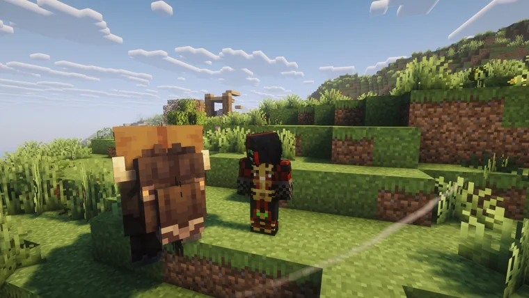 My character standing beside a large bear on a grassy slope in early morning light.