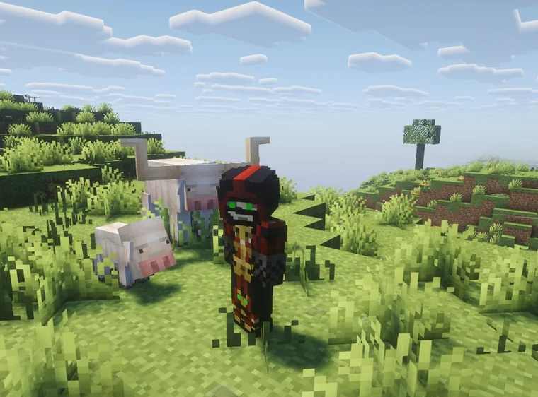 A pig standing next to my character on open grassland under a clear sky.