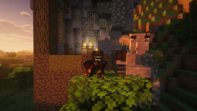 My character on a mossy ledge at sunset, facing a large pink animal across a canyon.