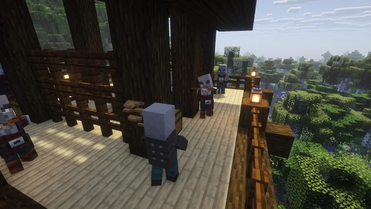 Inside a raised wooden lodge with villagers and lanterns, looking out over a green forest.