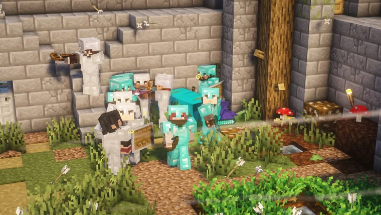 A close view of several villagers in diamond and iron armor gathered in a stone courtyard garden.