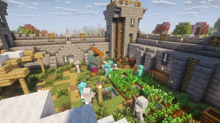 A stone castle courtyard with a garden, several armored villagers gathered together, red mushrooms nearby and autumn trees beyond the walls.