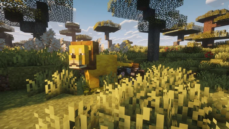 A yellow lion-like creature standing in golden savanna grass among baobab trees.