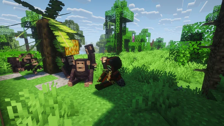 A group of monkeys sitting beneath a banana-leaf palm, with a player in dark armor and glowing eyes crouching nearby.