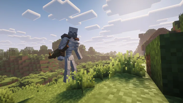A player character drawing a bow in mid-air over grassy hills near a village.