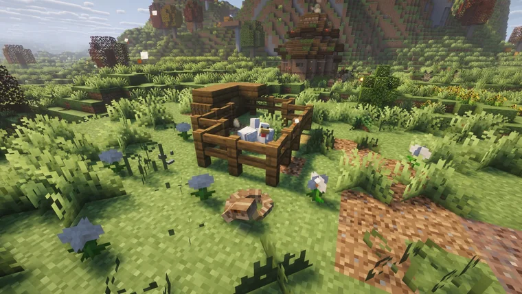 A wooden chicken coop with chickens inside and a small hedgehog-like creature outside, near a large windmill building and sunflowers.