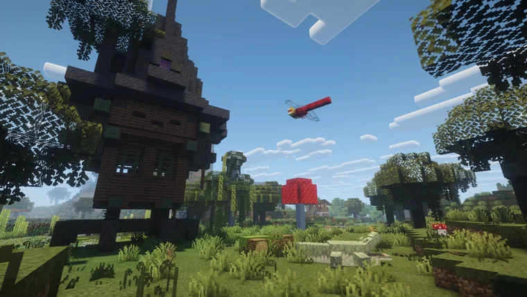 A tall wooden house on stilts with a red dragonfly-like creature flying above, and a red mushroom nearby.