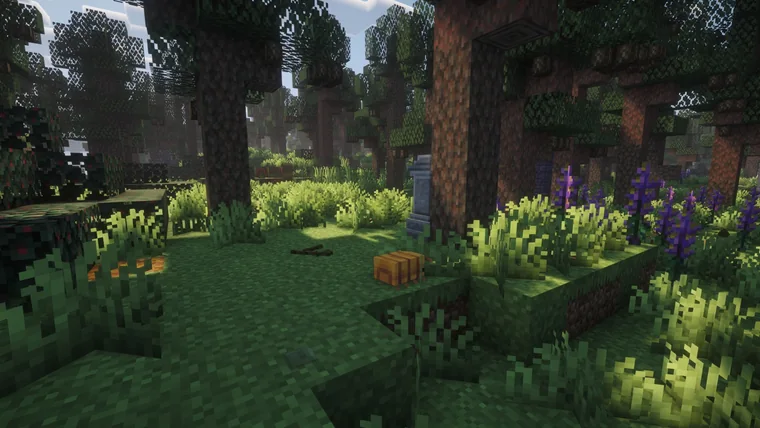 A forest clearing at dusk with a stone monument among purple flowers and tall tree trunks.