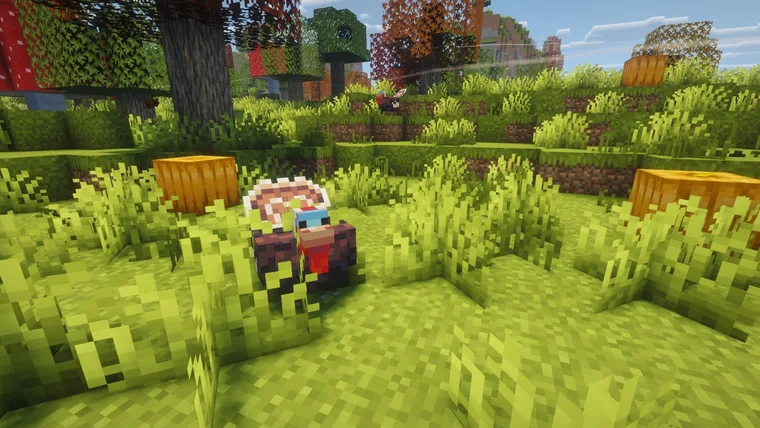 A rooster-like creature riding a pack animal through tall grass near honeycomb blocks and autumn trees.