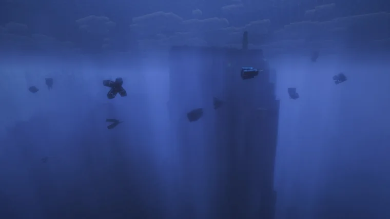 Underwater shipwreck ruins in deep blue water.