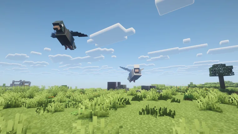 Two dark crow-like birds flying over a grassy field, with ruins in the distance.
