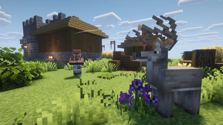 A player character beside a large white-antlered deer, near a stone and timber house.